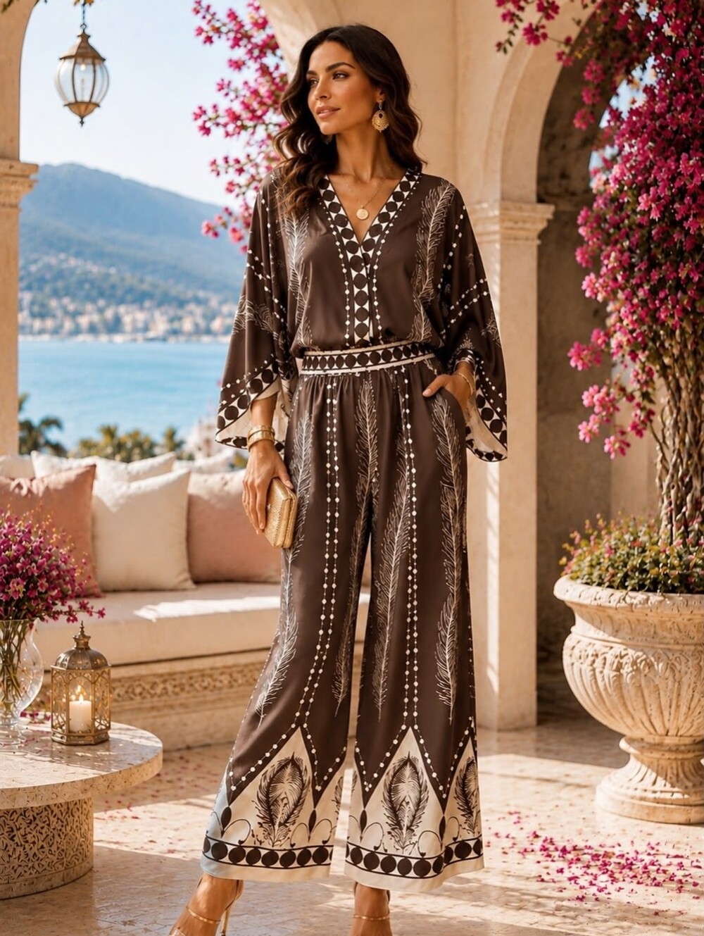 EL 45 Made In Italy Viscose Elegant Brown Printed Wide-Leg Pant Set